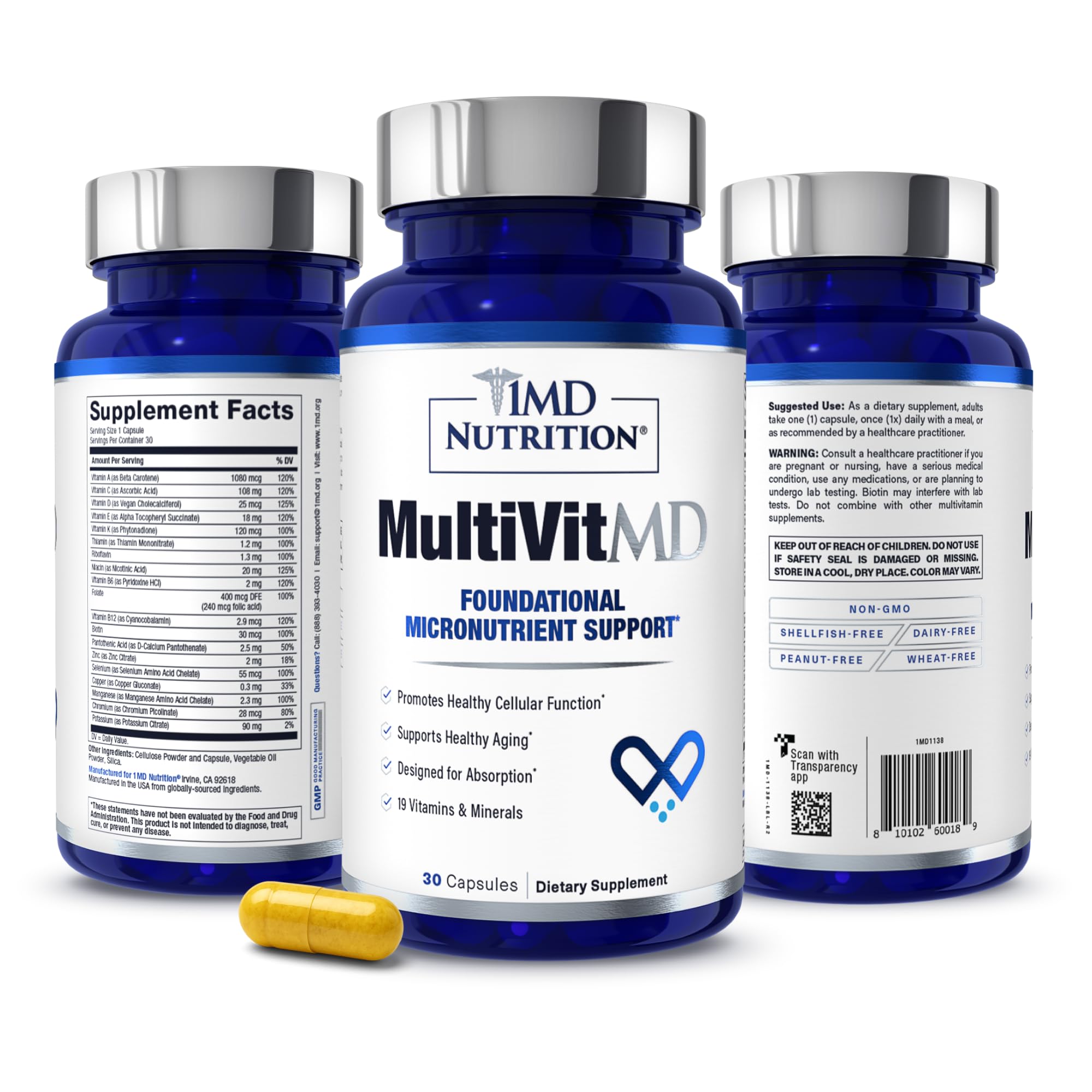 1MD Nutrition MultiVitMD daily bottle supports overall vitality with a comprehensive multivitamin.