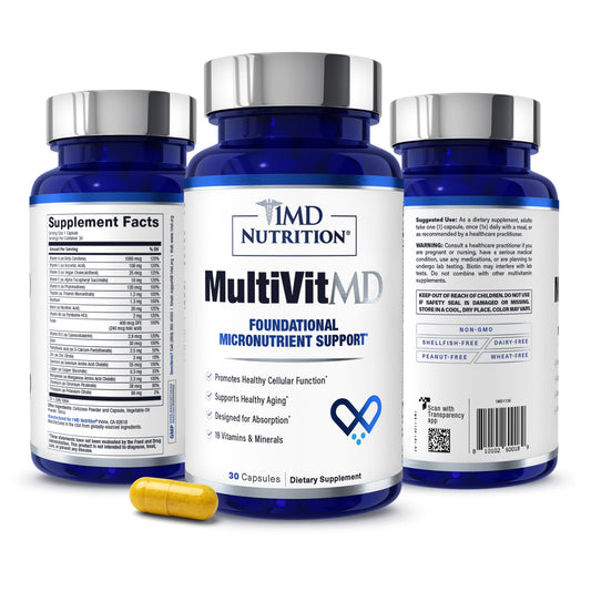 1MD Nutrition MultiVitMD daily bottle supports overall vitality with a comprehensive multivitamin.