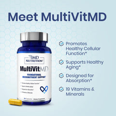 1MD Nutrition MultiVitMD daily label closeup highlights key vitamins and minerals for daily nutrition.
