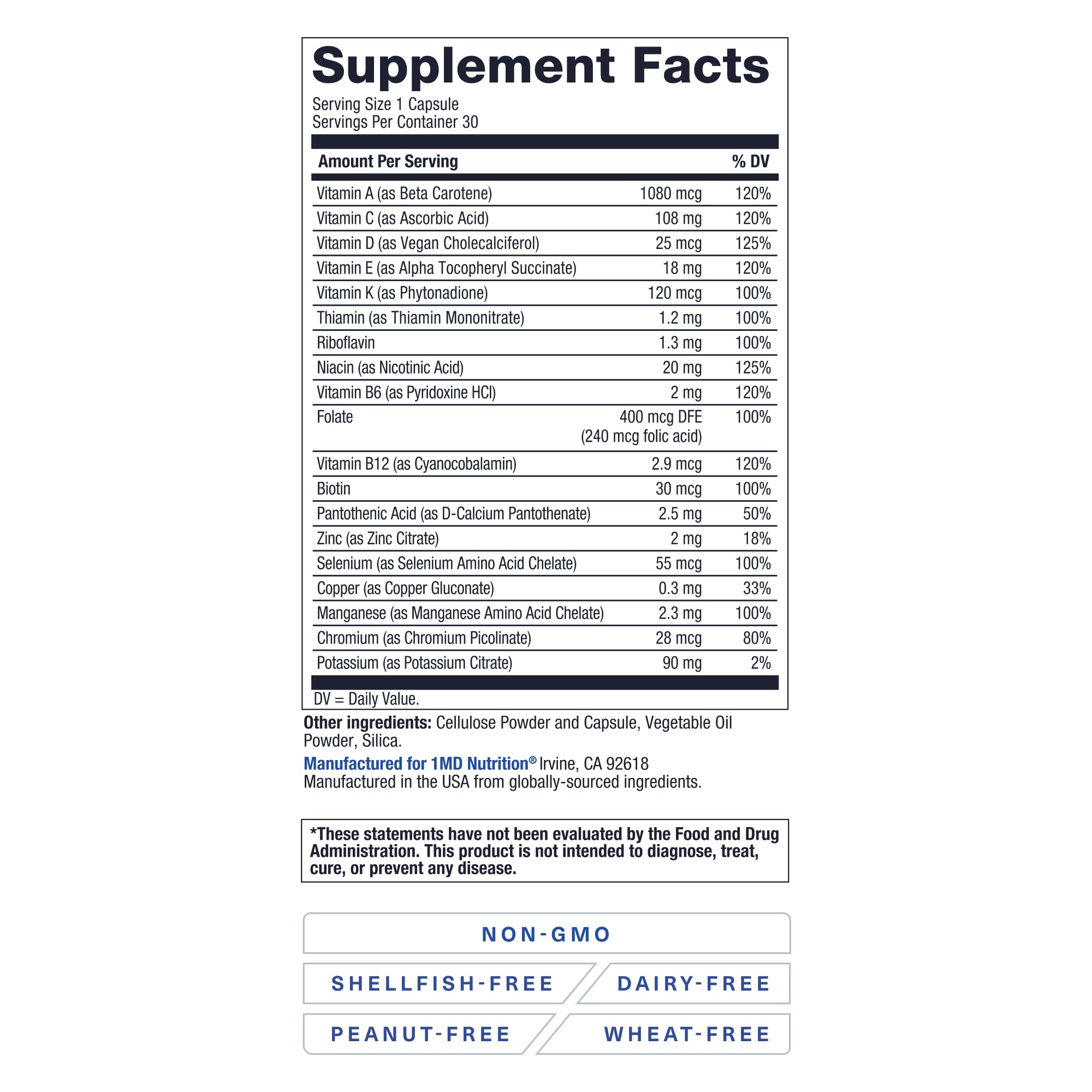1MD Nutrition MultiVitMD daily nutrition facts panel highlights essential minerals.