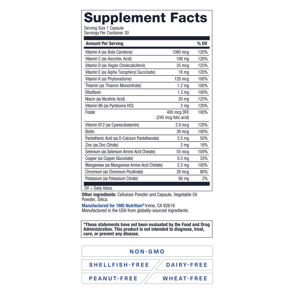 1MD Nutrition MultiVitMD daily nutrition facts panel highlights essential minerals.