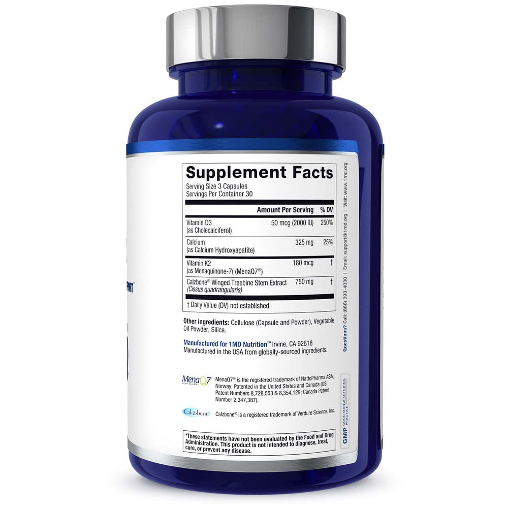 1MD OsteoMD bottle-dosage graphic helps daily intake planning.