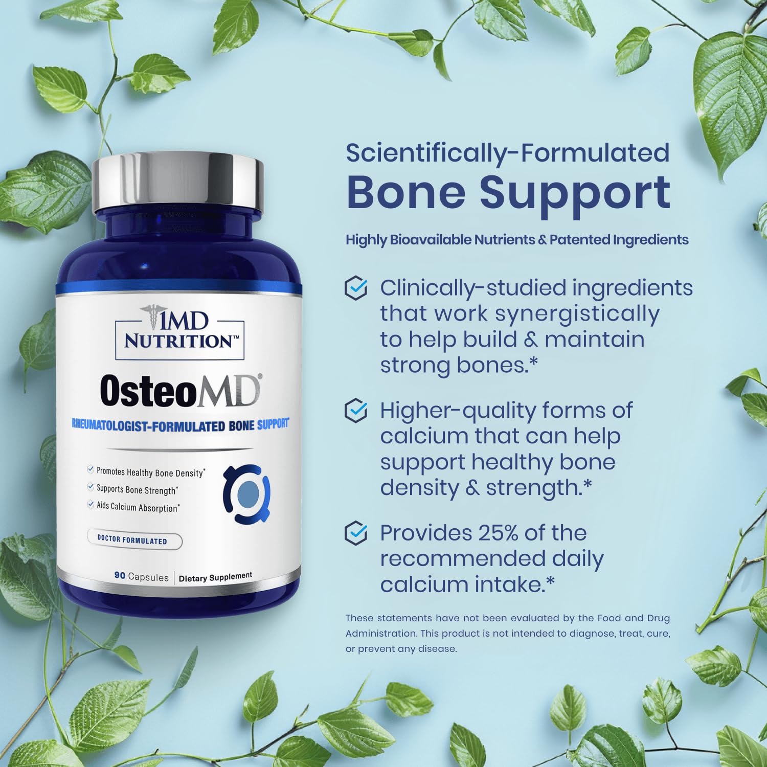 1MD OsteoMD capsules closeup emphasizes easy daily intake for bone mineralization support.