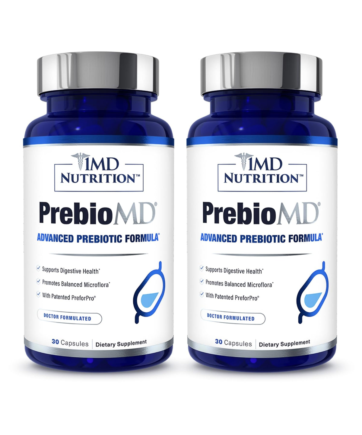 1MD PreBioMD bottle front promotes gut health with prebiotics.
