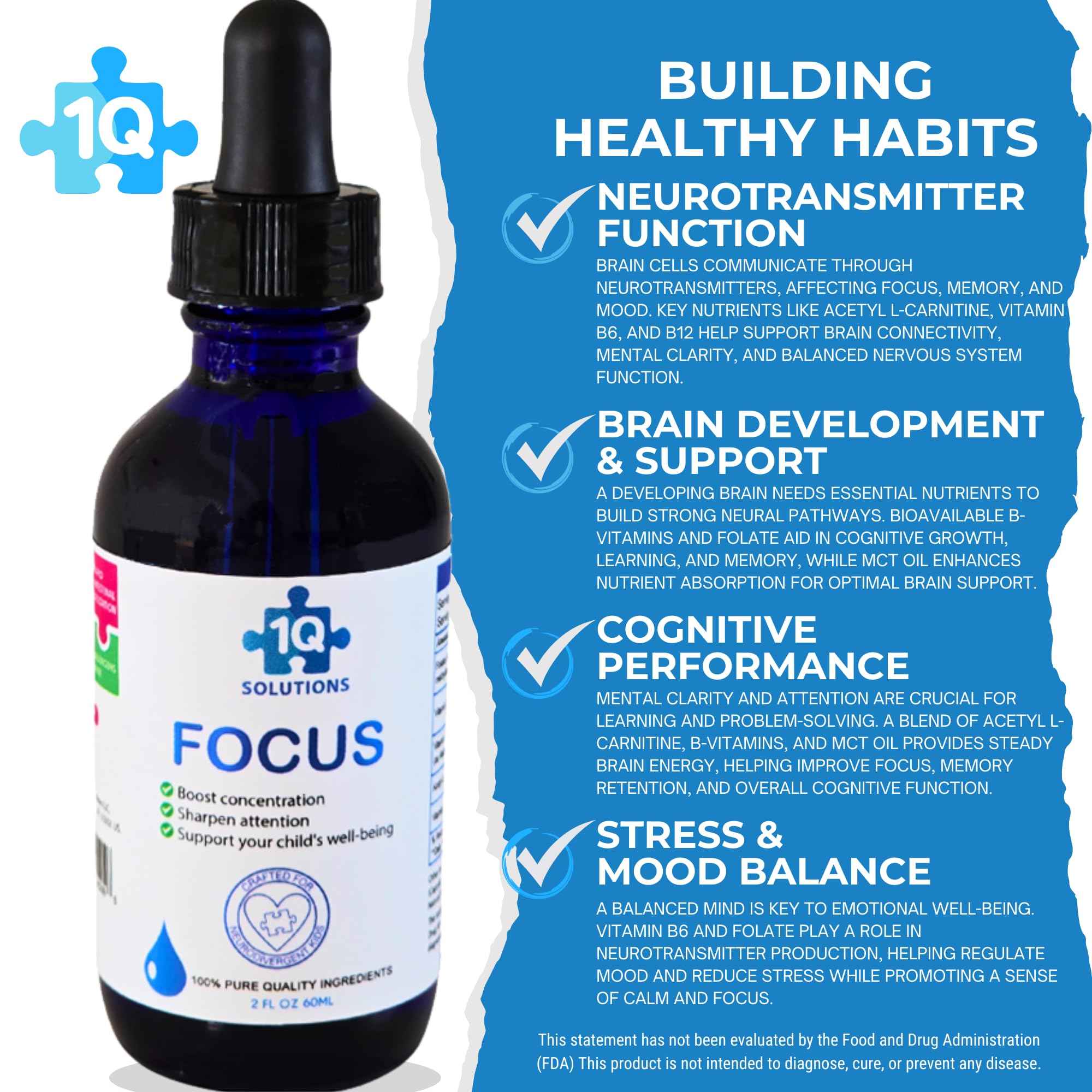 1Q Focus dropper dispensing drops for quick, kid-friendly use.