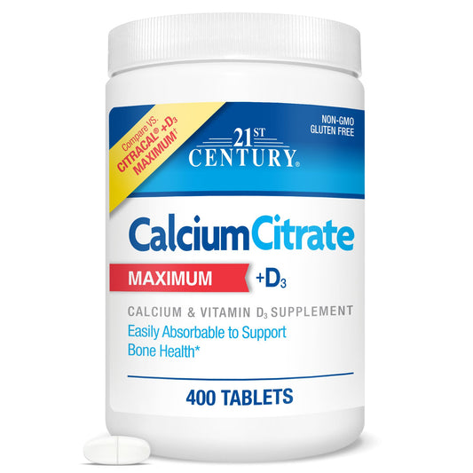 21st Century Calcium Citrate Plus D3 tablets bottle front promotes bone health support.