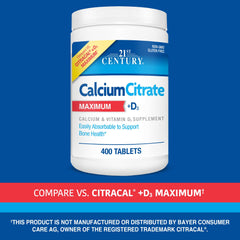 21st Century Calcium Citrate Plus D3 label close-up emphasizes no added sugar or artificial flavors.