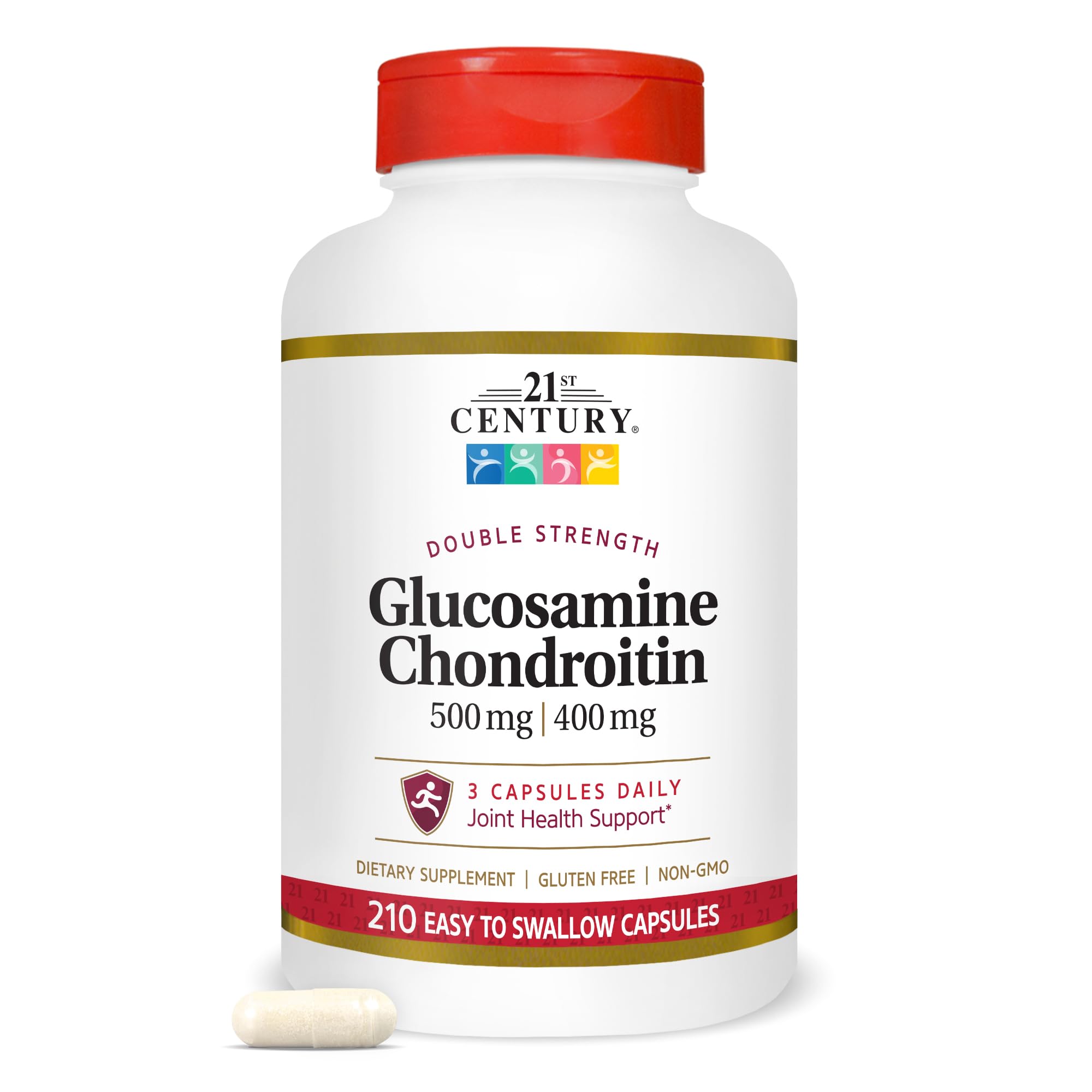 21st Century Glucosamine Chondroitin bottle displaying 500/400mg strength for joint support