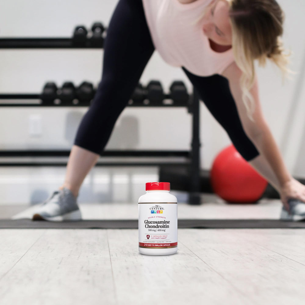 Close-up of 21st Century Glucosamine Chondroitin capsules ready for daily use