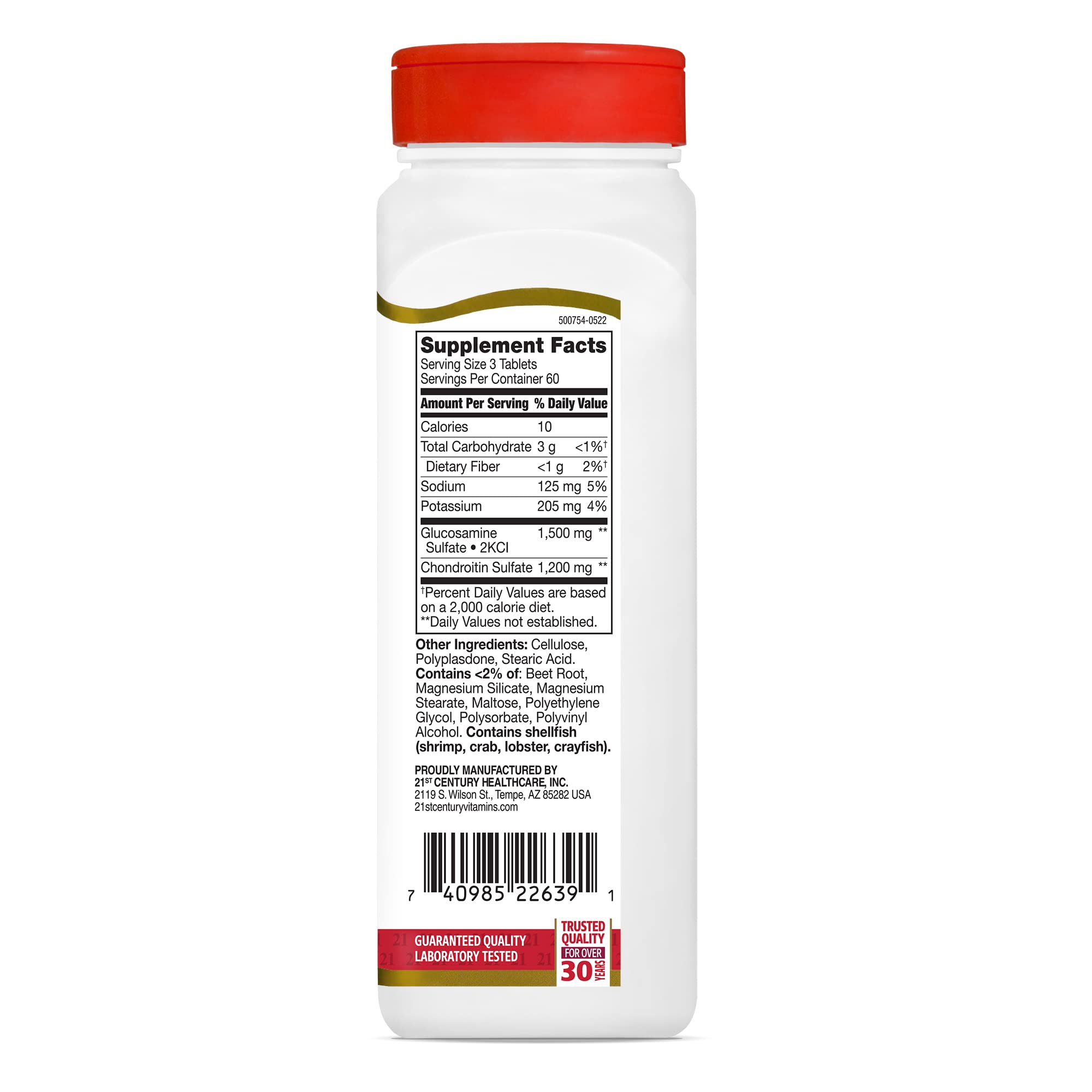 21st Century Glucosamine Chondroitin gluten-free non-GMO label highlights features.