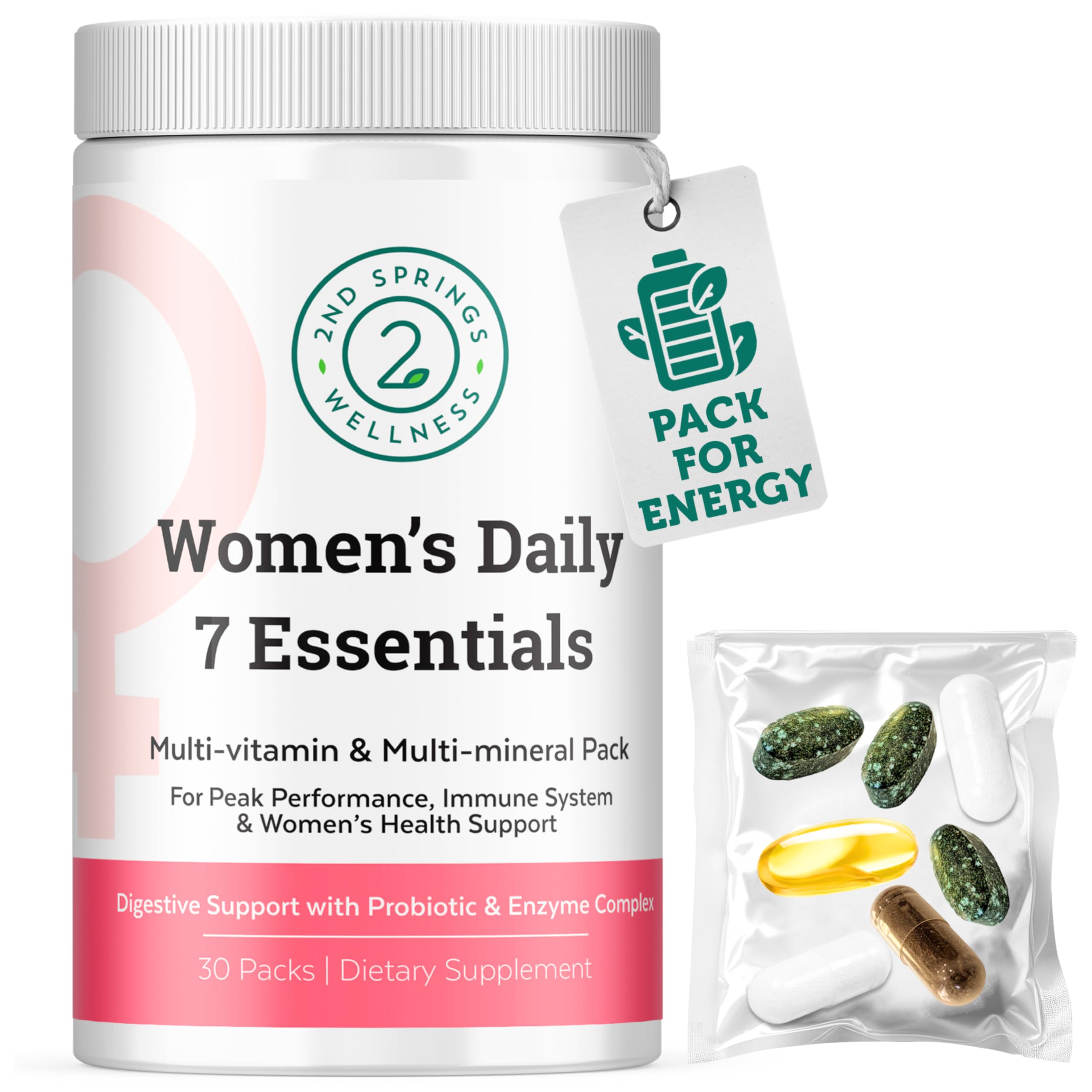 2nd Springs Daily7 Essentials bottle showing the compact vitamin pack for daily energy support