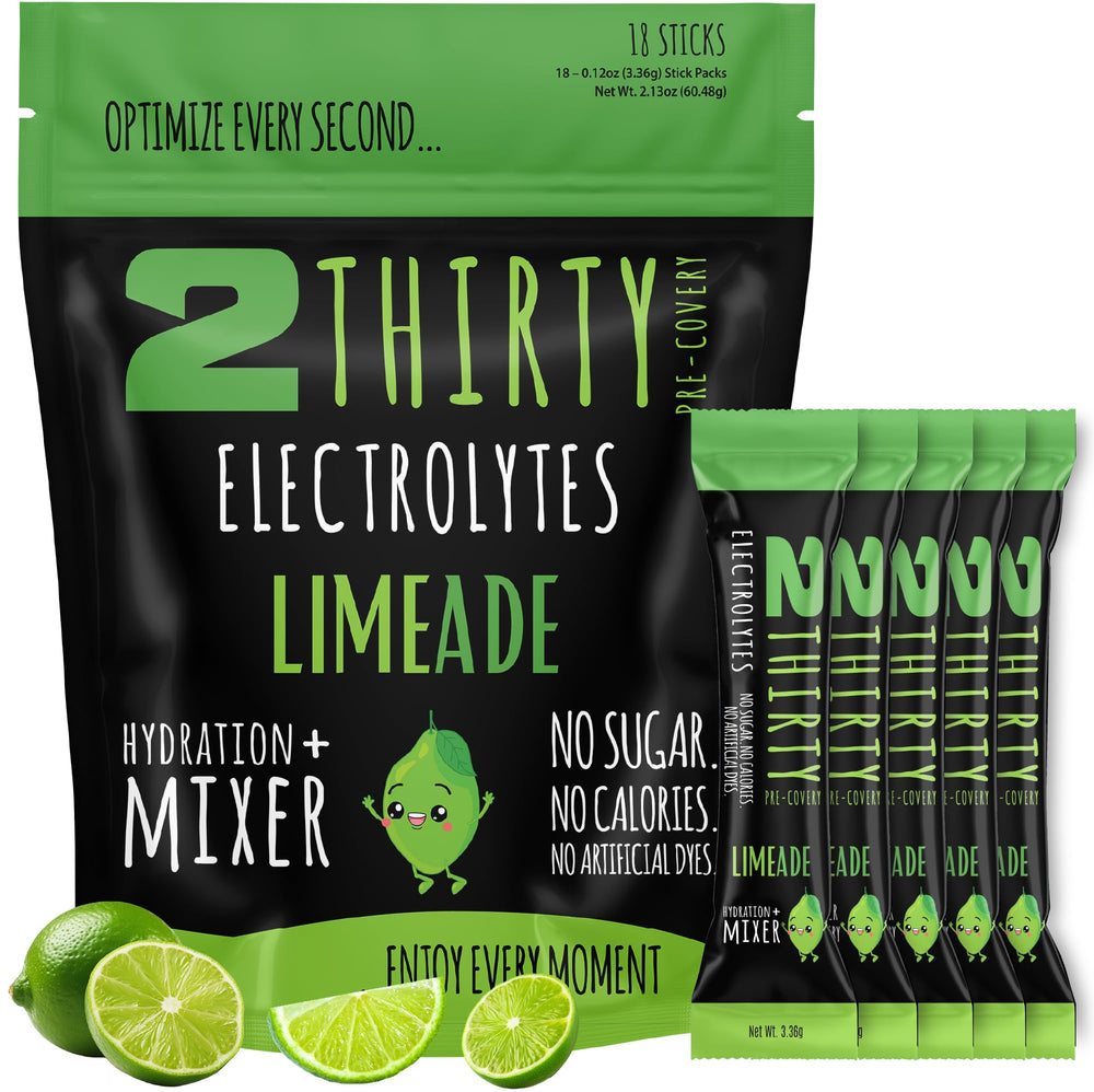 2THIRTY Hydration + Mixer limeade sticks for on-the-go hydration and energy.