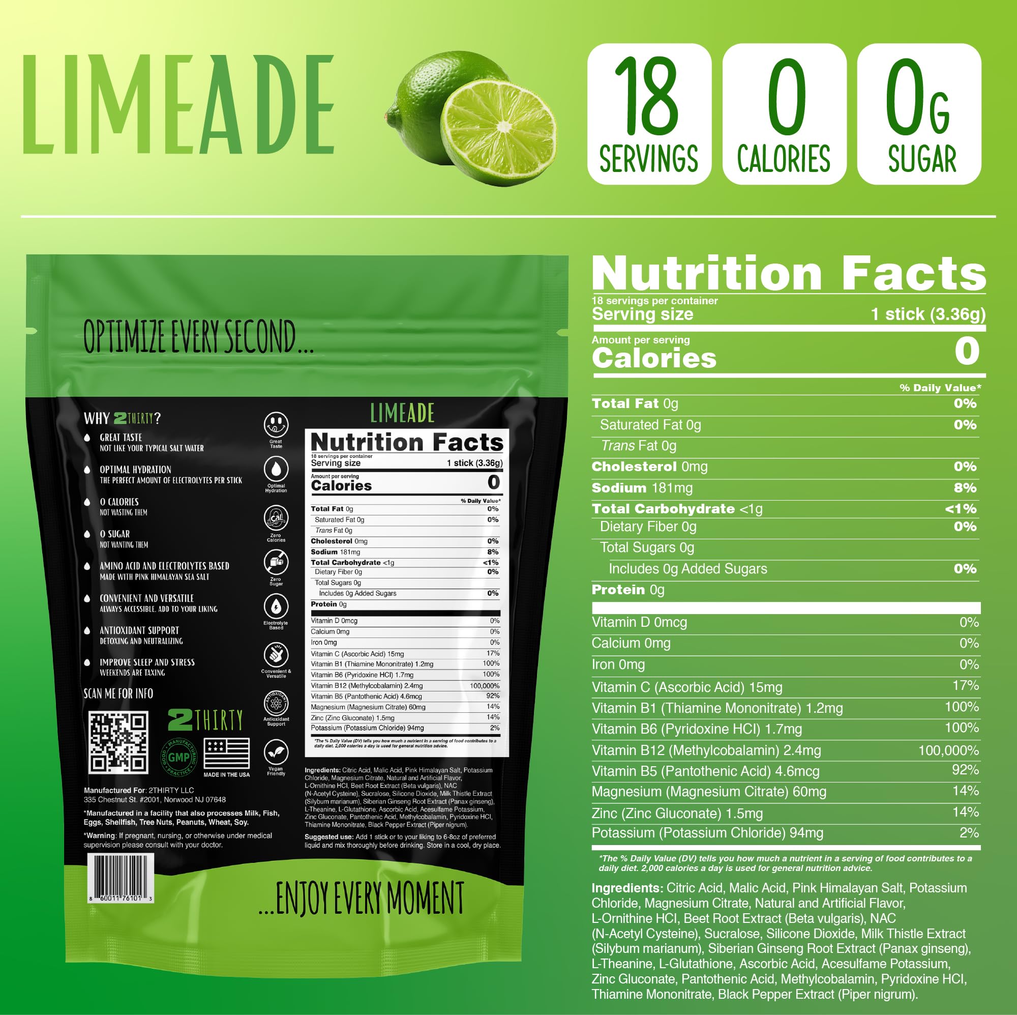 2THIRTY limeade packet opened for quick zero-sugar hydration.