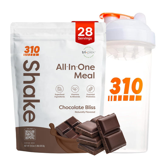 310 Nutrition Chocolate Bliss shake with shaker cup for quick meals on the go.