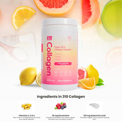 310 Nutrition Collagen ingredients with vitamins and hyaluronic acid for glow-friendly hydration.