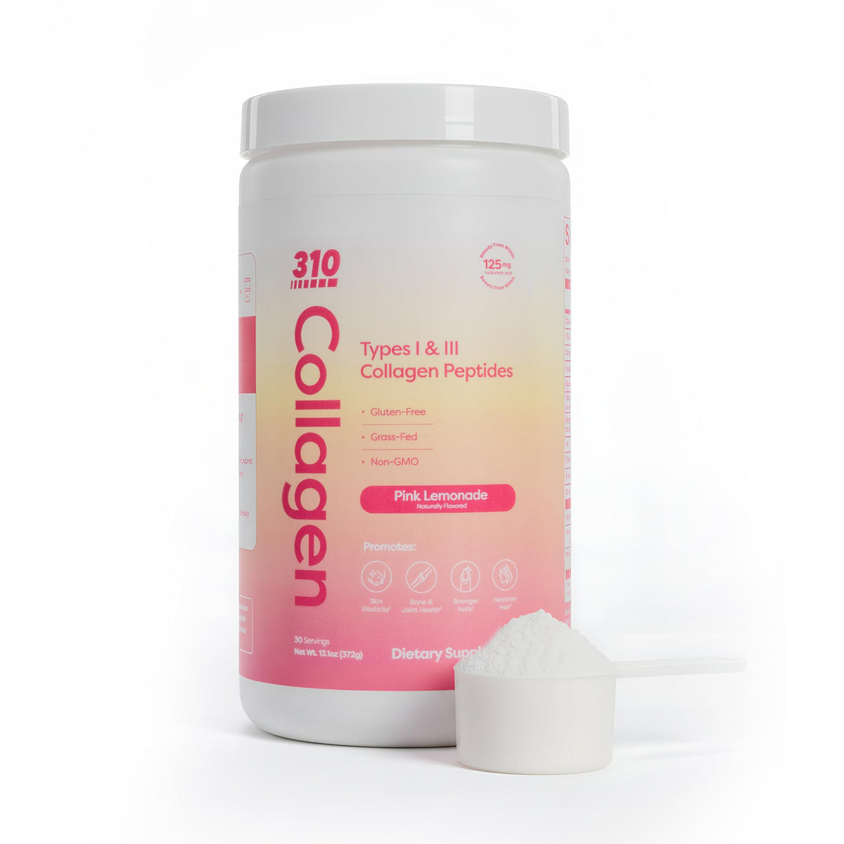 310 Nutrition Collagen Pink Lemonade tub highlights skin and hair support.