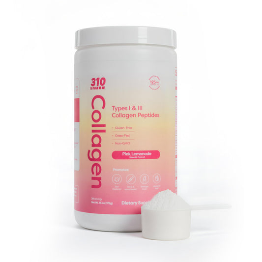 310 Nutrition Collagen Pink Lemonade tub highlights skin and hair support.