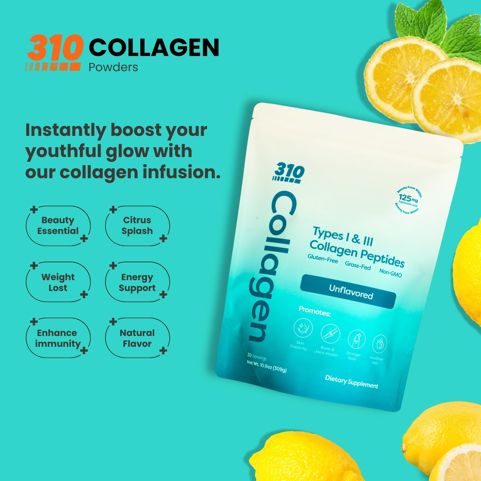 Scoop of 310 Nutrition collagen powder ready to mix into drinks