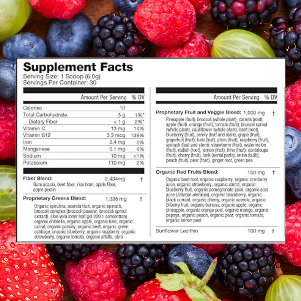 310 Nutrition greens powder mixed berry flavor close-up for easy daily use