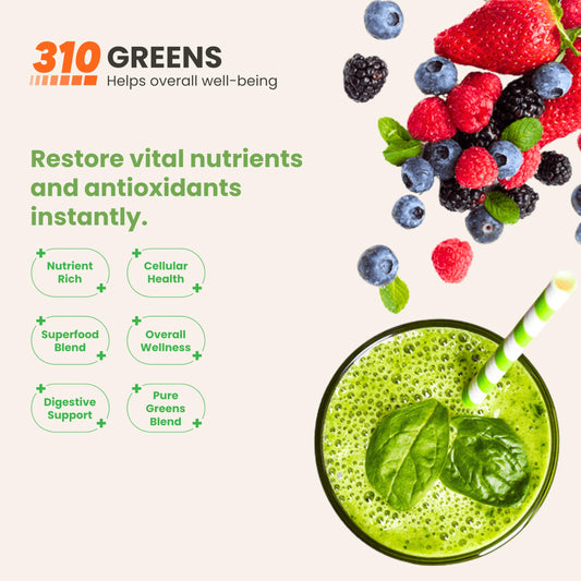 310 Nutrition greens powder with scoop pouring for quick mix