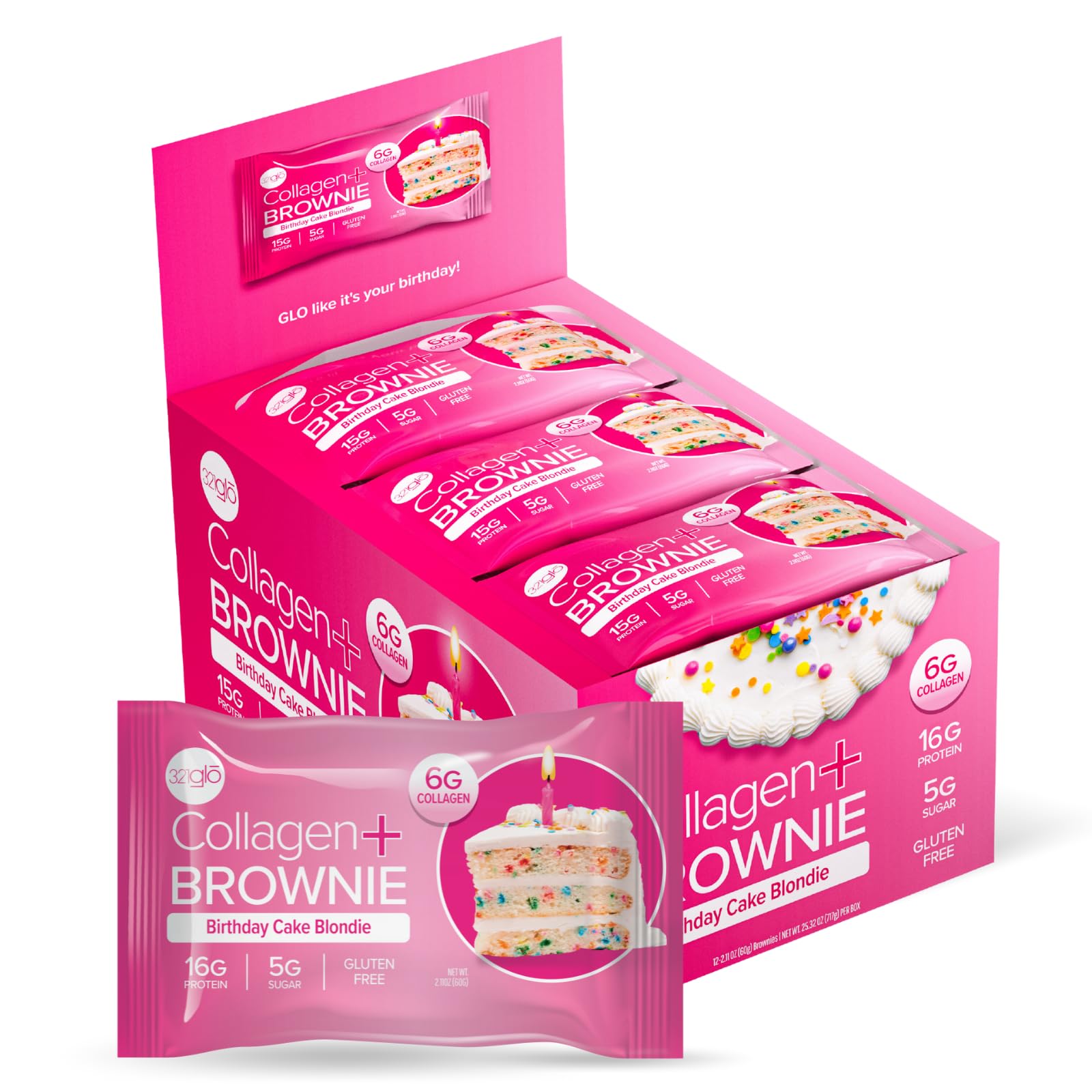 321glo collagen brownie with 16g protein, protein-packed indulgence.