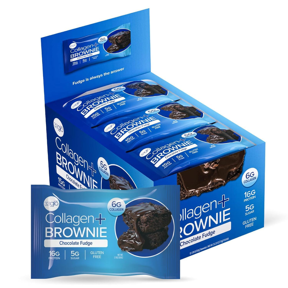 321glo collagen brownie chocolate fudge slice, rich flavor with protein boost.