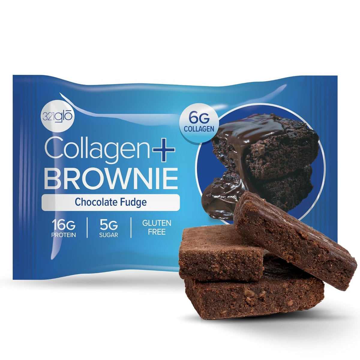 321glo collagen brownie gluten-free pack shot, a convenient gluten-free snack option.