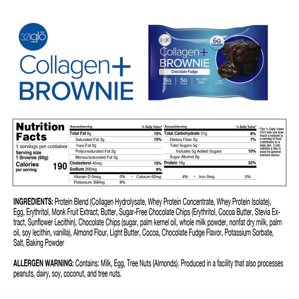 321glo collagen brownie low-sugar closeup, ideal for mindful indulgence.