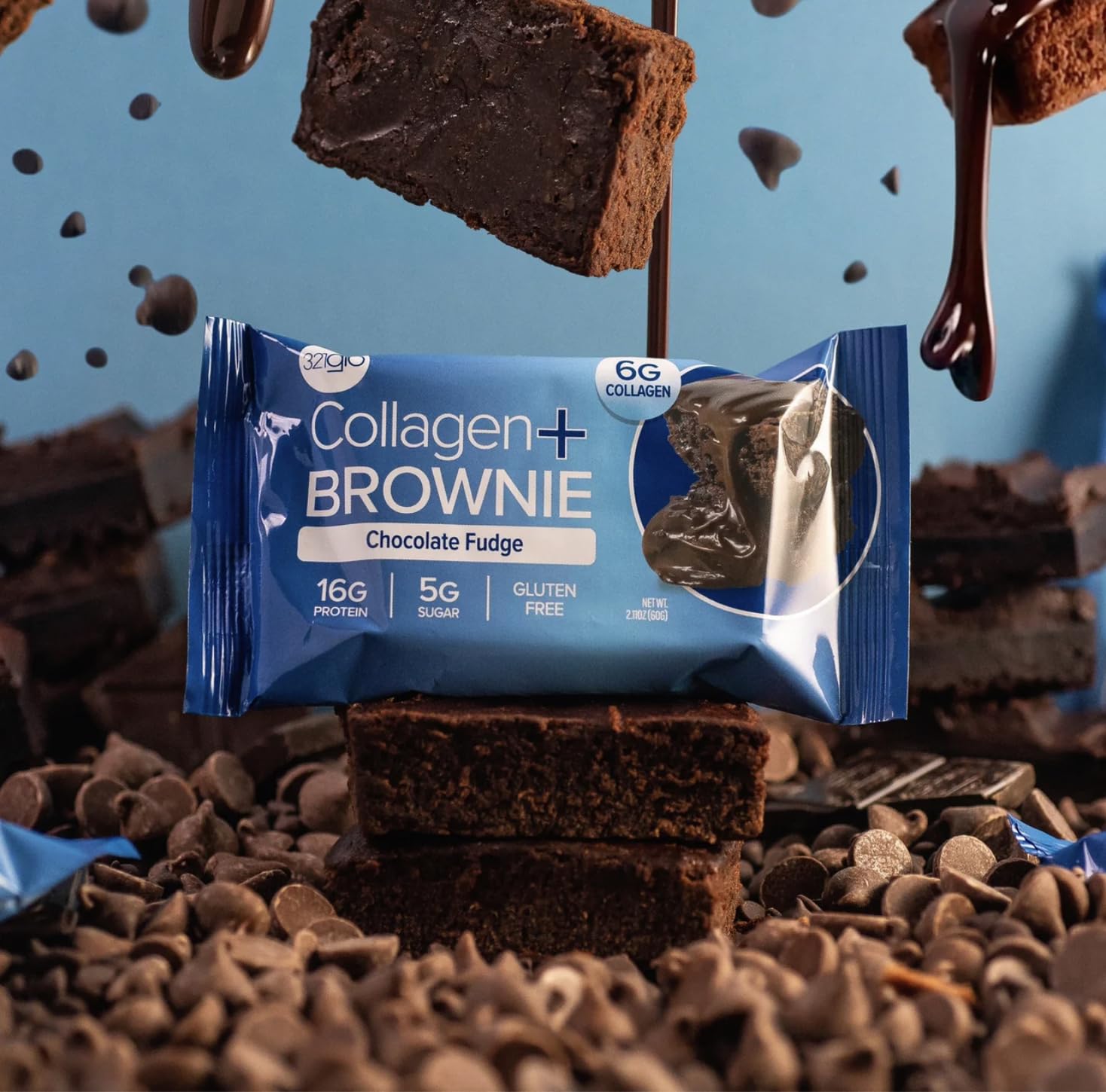 321glo collagen brownie soft baked texture, tender bite.