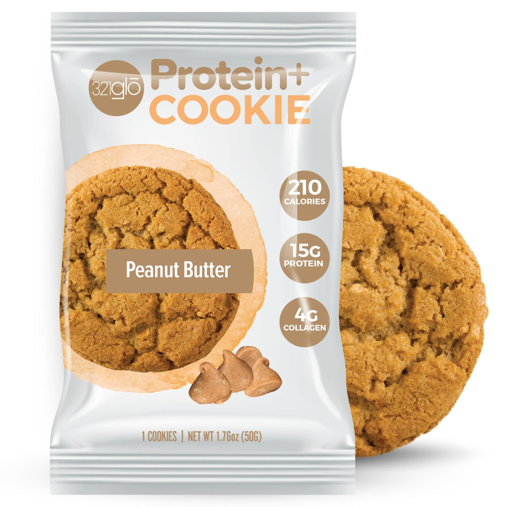 321glo Protein+ Cookies packaging front highlights high protein and clean ingredients.
