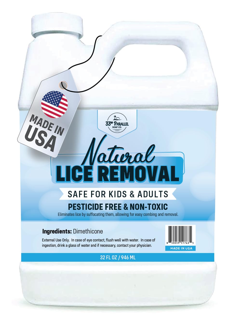 33RD PARALLEL SOAP CO lice treatment bottle being poured for even application.