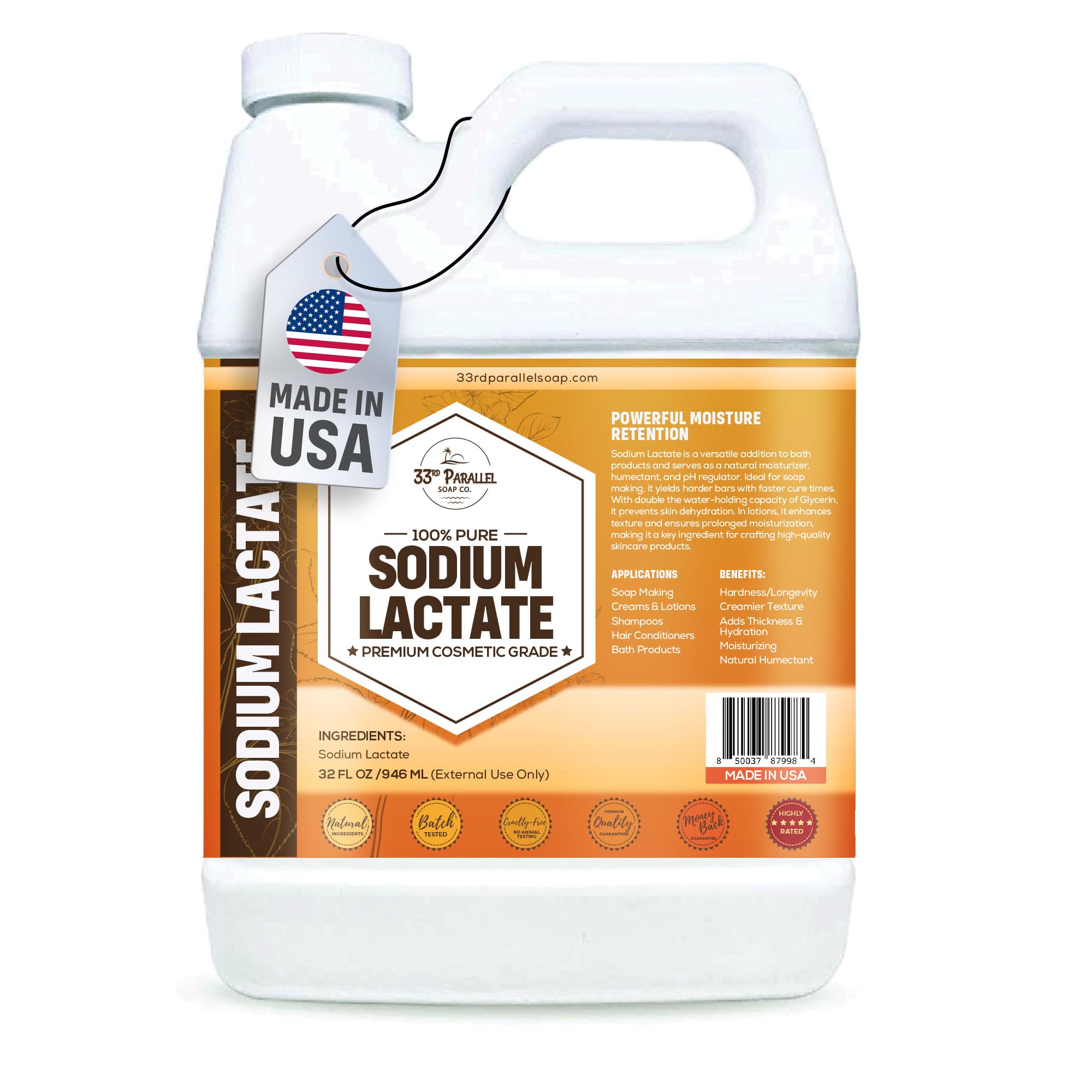 33rd Parallel Sodium Lactate 60% bottle for soap making and moisturized skin.