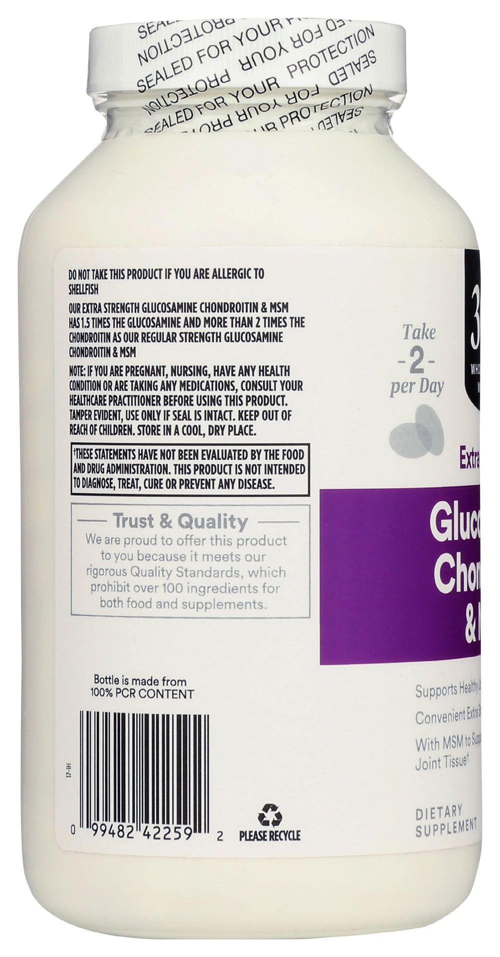 365 by Whole Foods Market glucosamine chondroitin X Strength MSM bottle on kitchen counter for daily routines.
