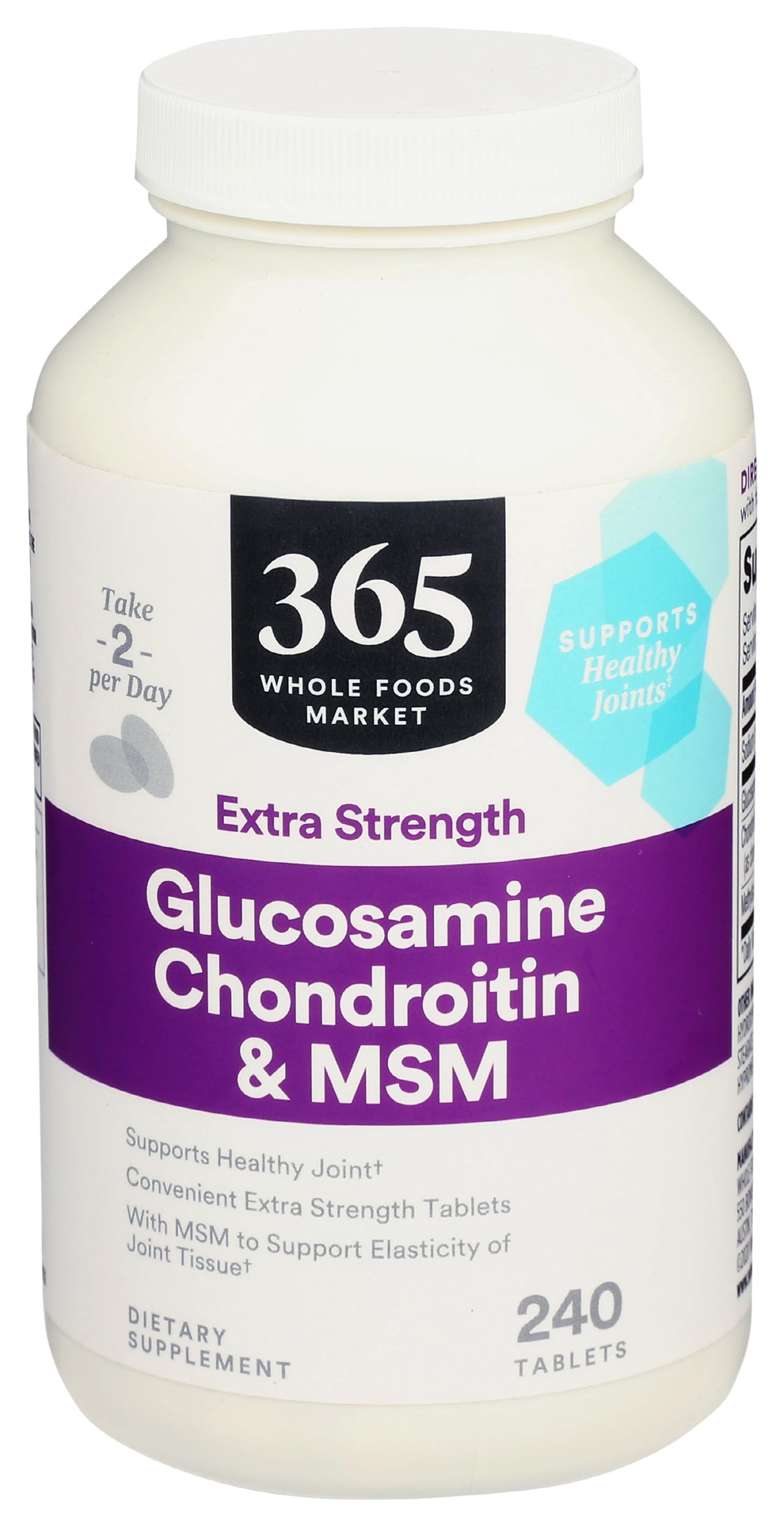 365 by Whole Foods Market glucosamine chondroitin X Strength MSM bottle on a shelf, ready for daily use.