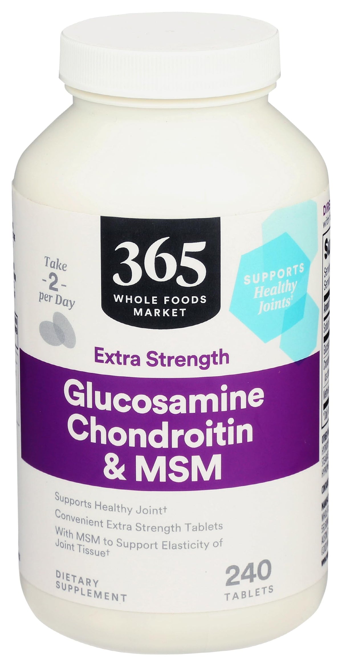 365 by Whole Foods Market glucosamine chondroitin X Strength MSM bottle on a shelf, ready for daily use.