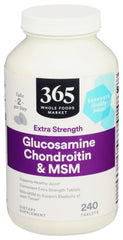 365 by Whole Foods Market glucosamine chondroitin X Strength MSM bottle on a shelf, ready for daily use.