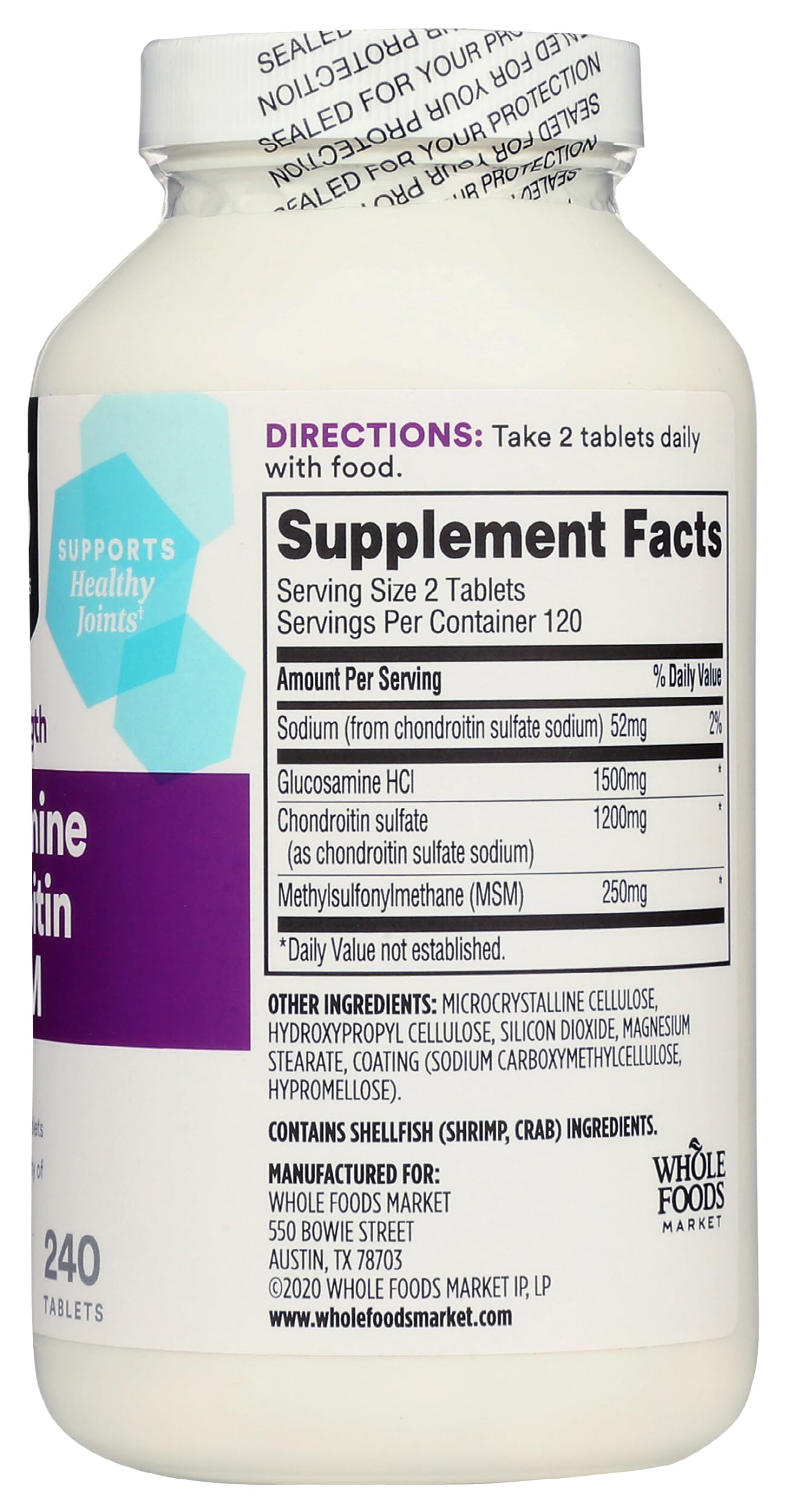 365 by Whole Foods Market glucosamine chondroitin X Strength MSM bottle with label showing ingredients.