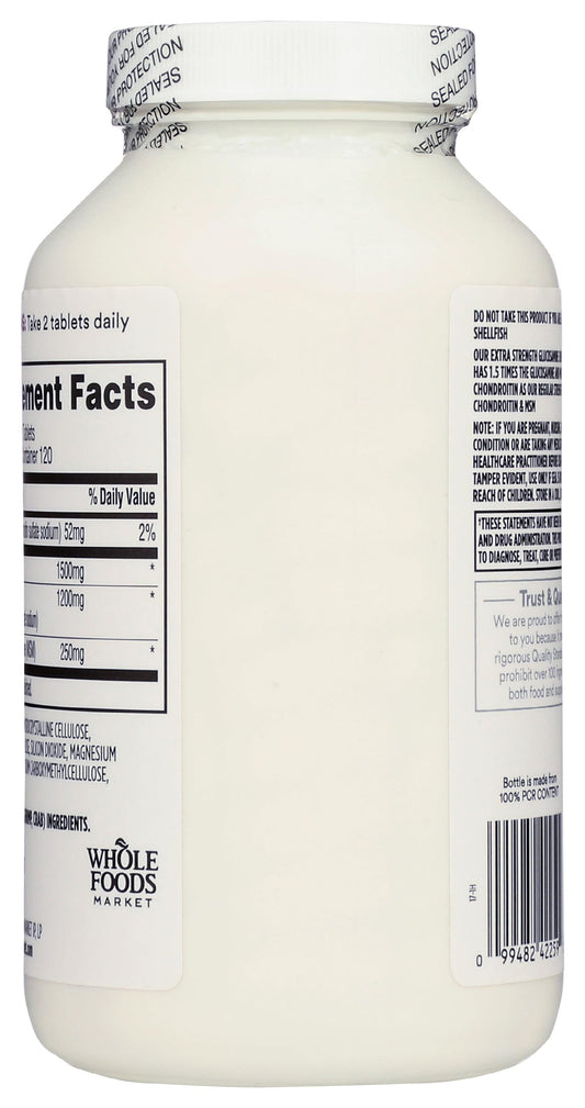 365 by Whole Foods Market glucosamine chondroitin X Strength MSM label close-up highlighting ingredients.