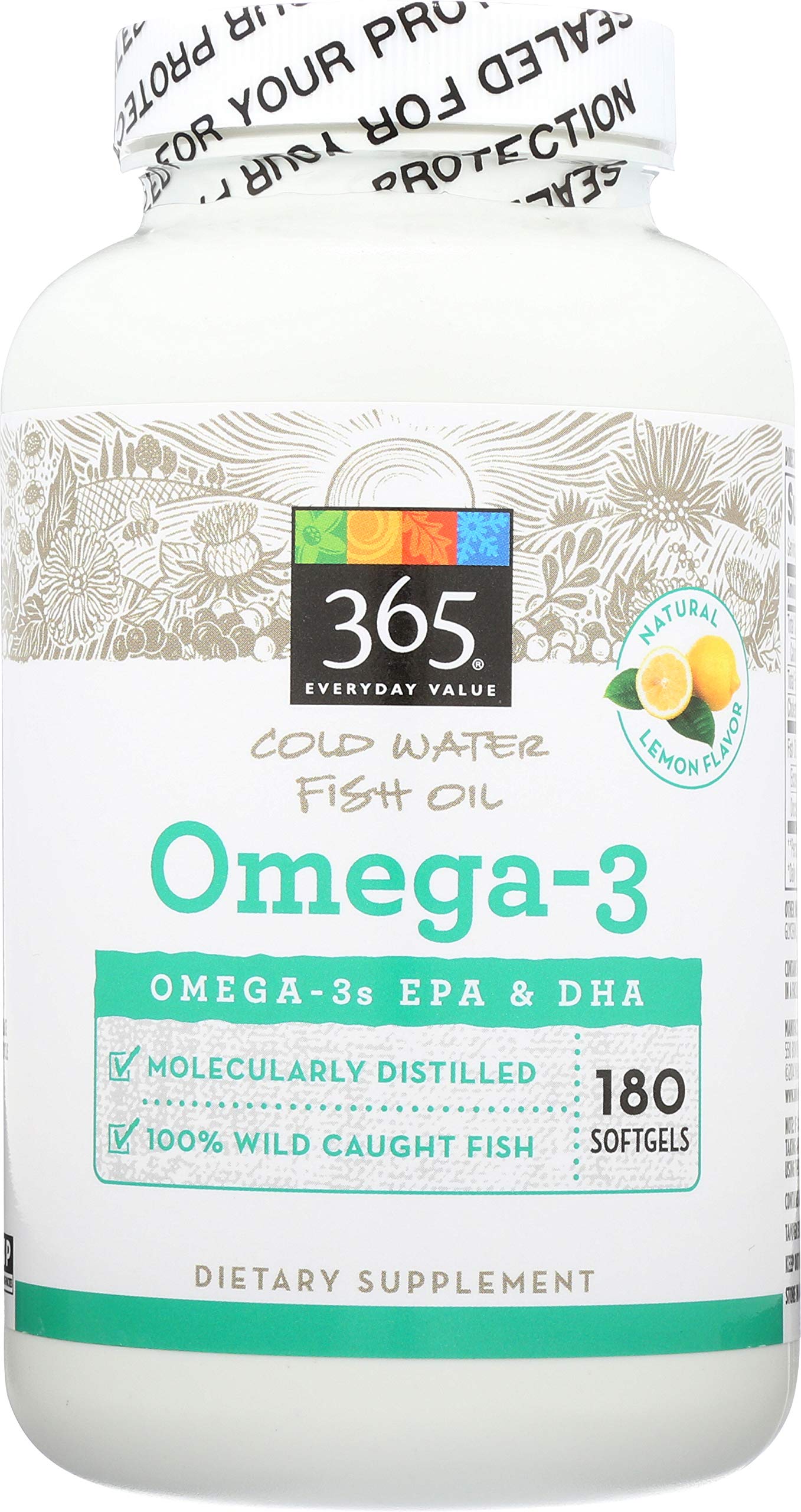365 by Whole Foods Market Omega-3 Lemon bottle front—daily capsule option for a simple routine.