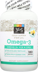 365 by Whole Foods Market Omega-3 Lemon bottle front—daily capsule option for a simple routine.