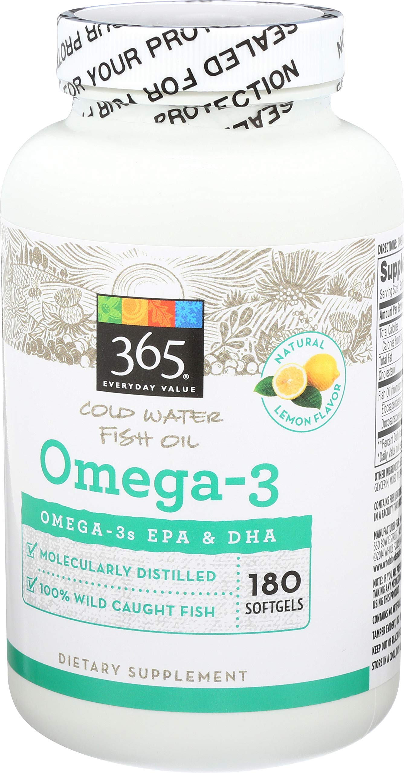 365 by Whole Foods Market Omega-3 Lemon bottle label close-up highlights EPA and DHA ingredients.