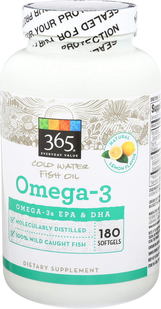 365 by Whole Foods Market Omega-3 Lemon bottle label close-up highlights EPA and DHA ingredients.