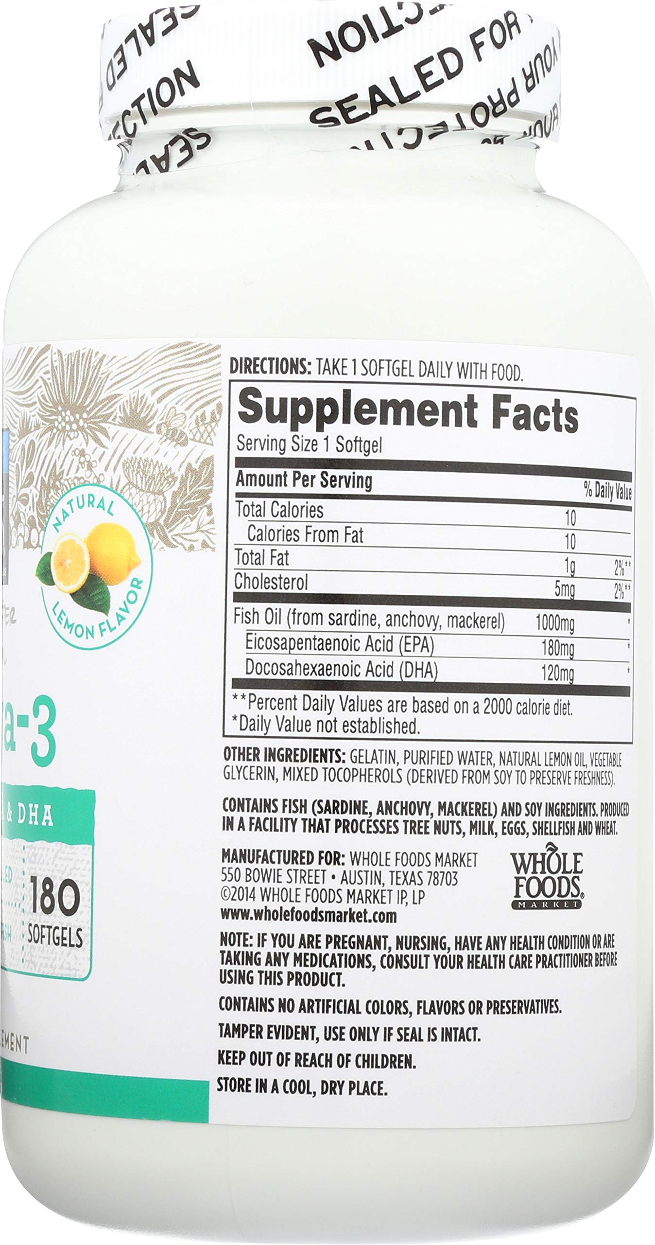 365 by Whole Foods Market Omega-3 Lemon capsules close-up—easy daily intake.