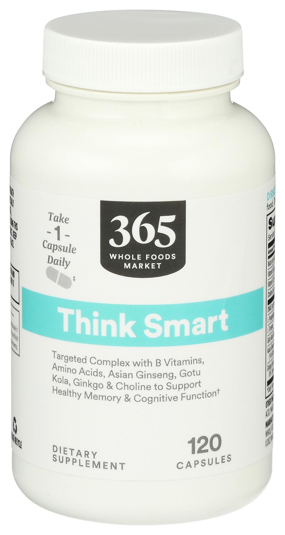 365 by Whole Foods Market Think Smart bottle front, B vitamins for daily focus.