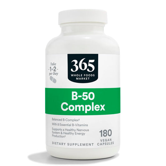 365 by Whole Foods Market Vitamin B-50 Complex bottle and capsules support energy