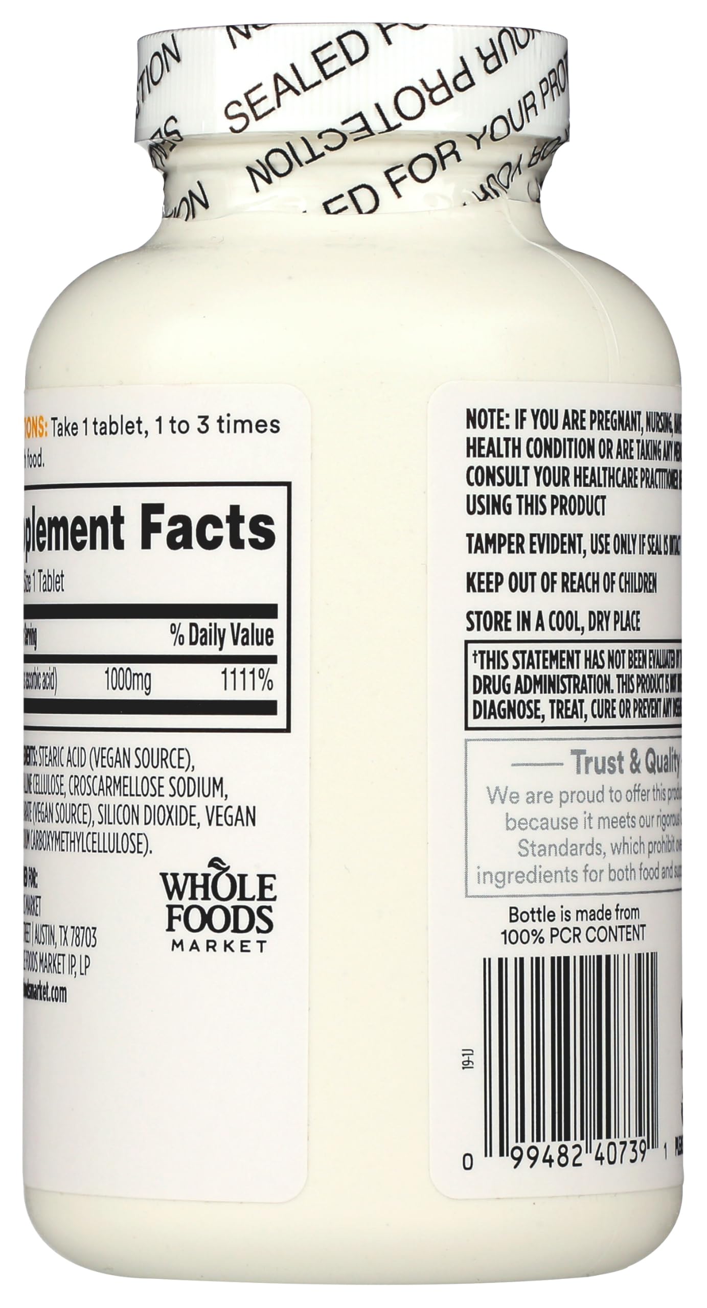Label close-up on 365 Vitamin C 1000mg for clear vegan info