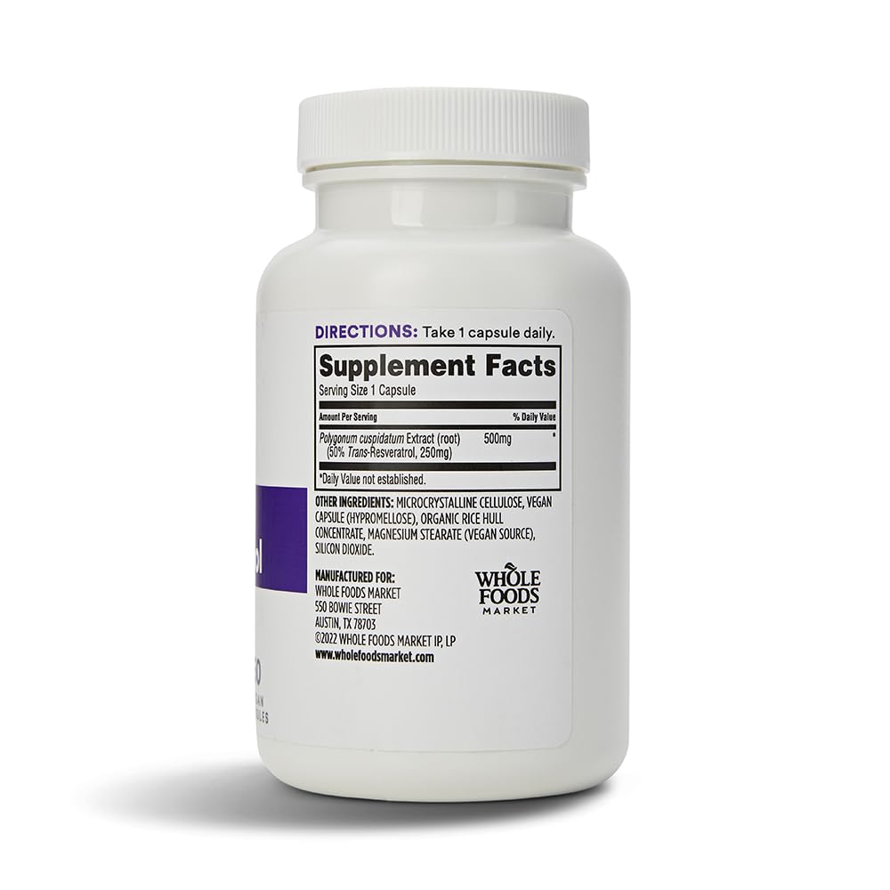 365 by Whole Foods Market Trans-Resveratrol 250mg bottle cap for easy daily use.