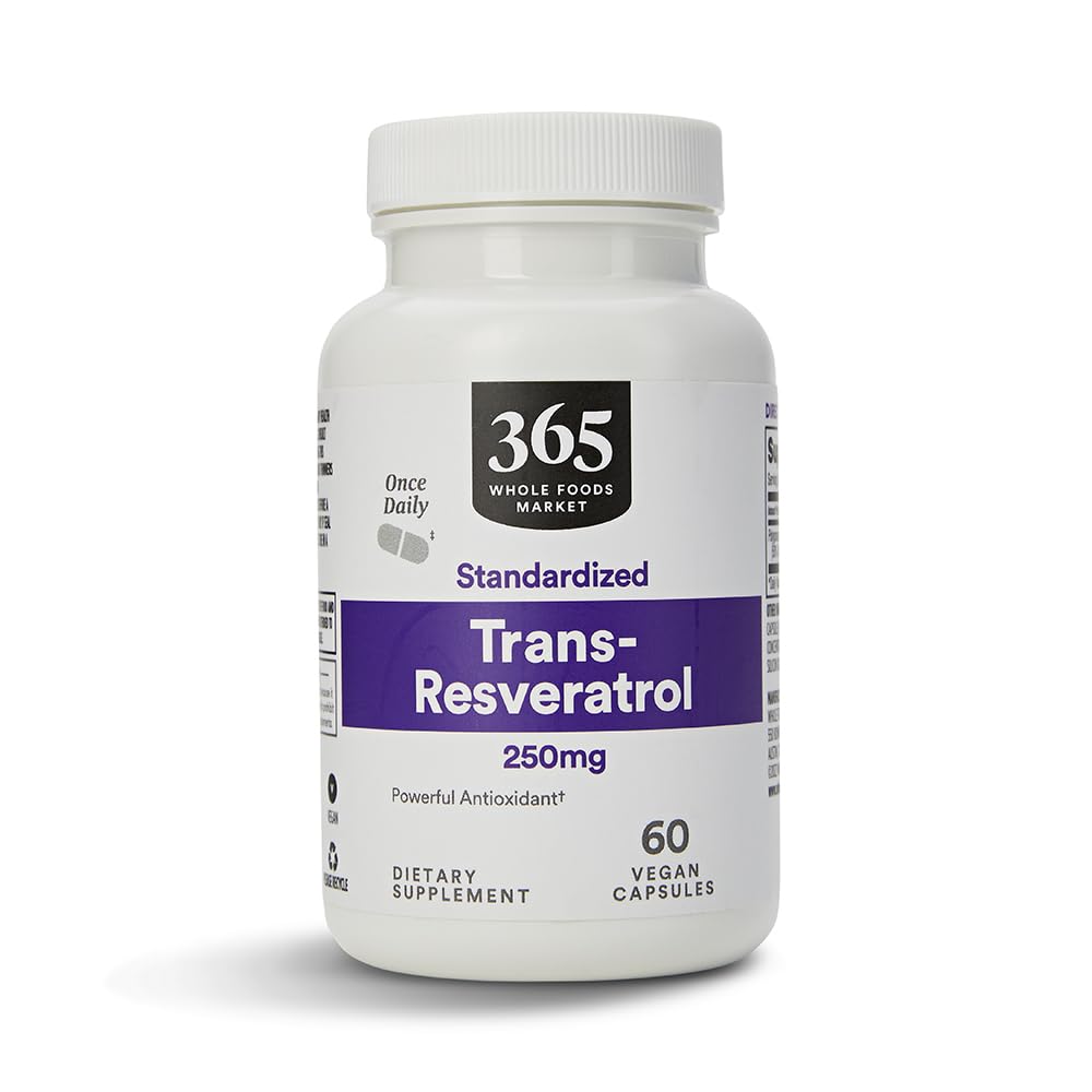 365 by Whole Foods Market Trans-Resveratrol 250mg bottle on display for antioxidant support.