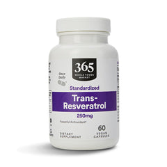 365 by Whole Foods Market Trans-Resveratrol 250mg bottle on display for antioxidant support.