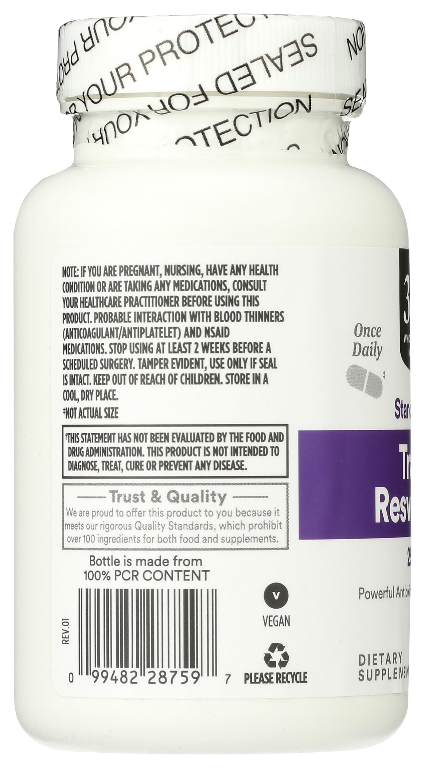 365 by Whole Foods Market Trans-Resveratrol veggie capsules highlight vegan-friendly formula.
